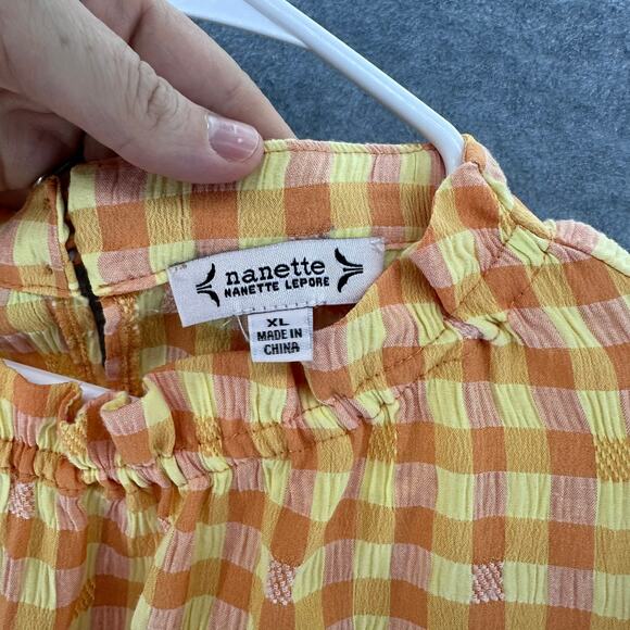 Nanette Lepore XL Orange & Yellow Gingham Spring Summer Top Sleeveless Ruffles - Picture 8 of 9